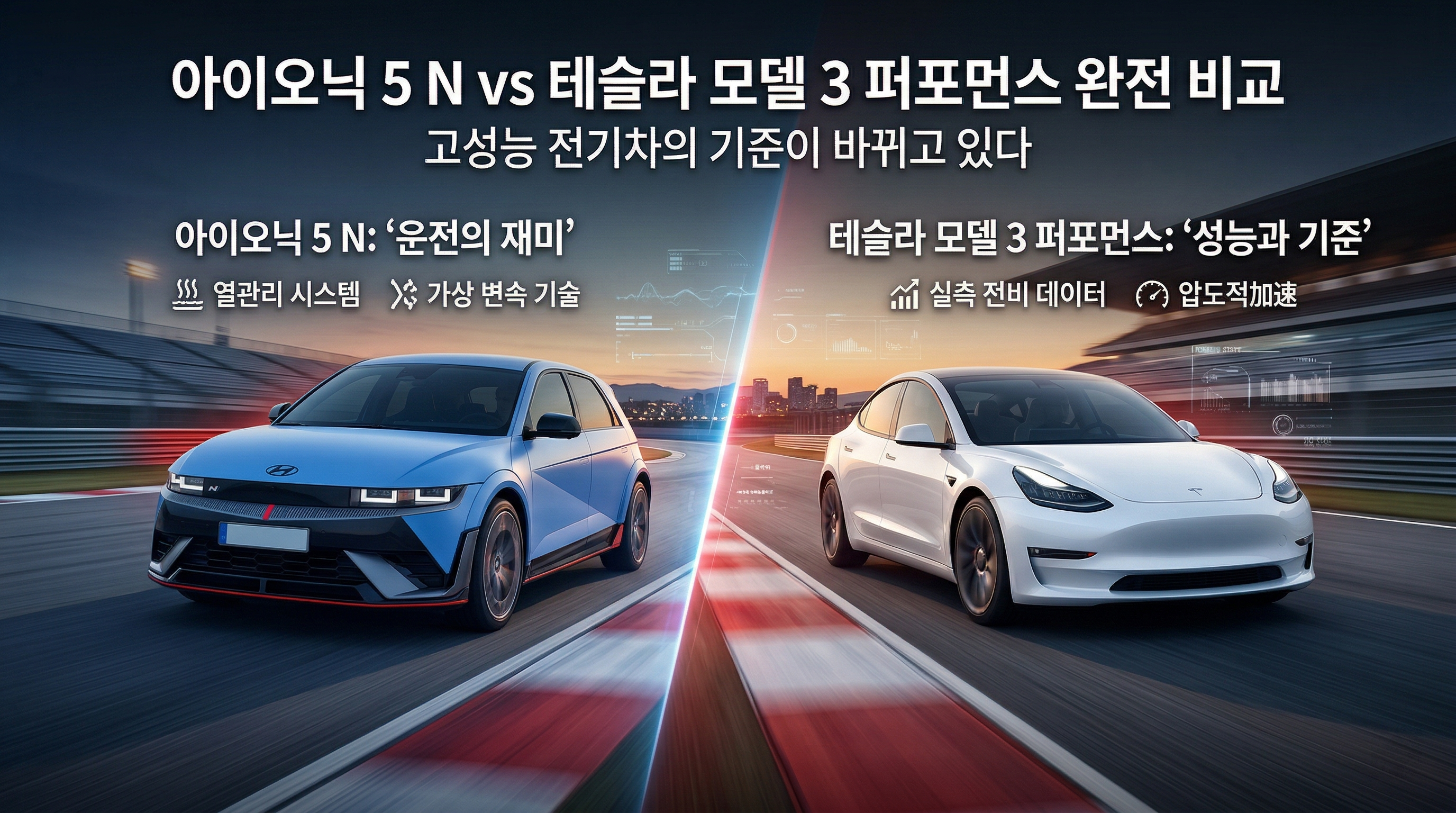 아이오닉 5 N과 테슬라 모델 3 퍼포먼스를 실측 데이터로 완전 비교. N e-Shift 원리, 열관리 성능, 650마력의 실체, 구매 가이드