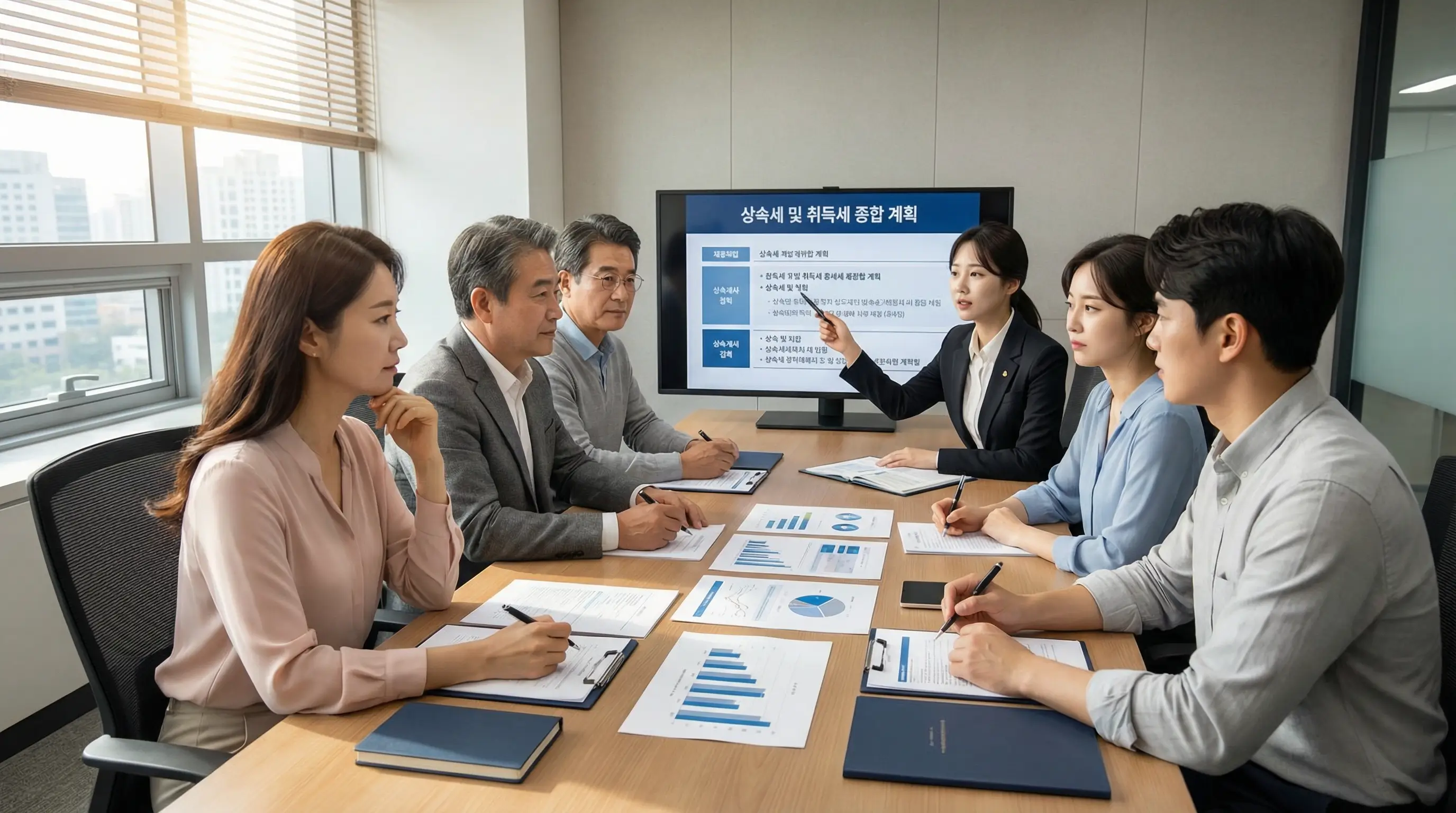 세무 전문가와 상담하며 상속세와 취득세 납부 계획을 꼼꼼하게 세우는 가족의 모습