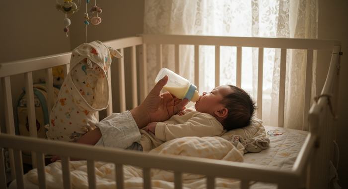 아기가 젖병을 빠는 장면