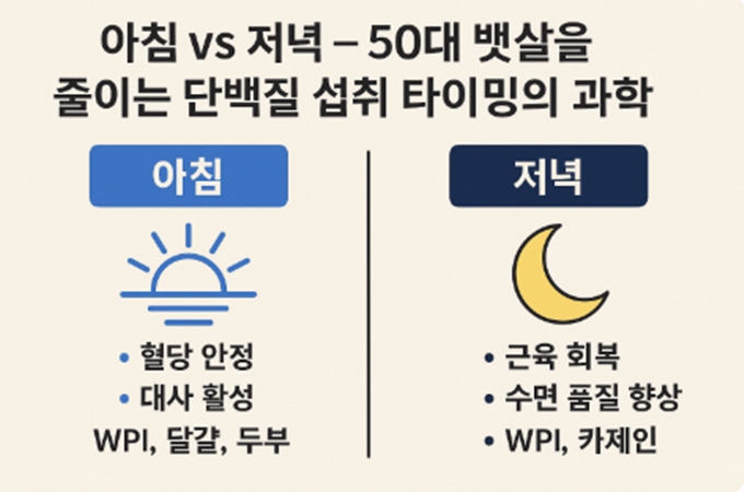 50대의 아침과 저녁 단백질 섭취 비교 인포그래픽, 해돋이와 달 아이콘으로 각각의 효과를 설명