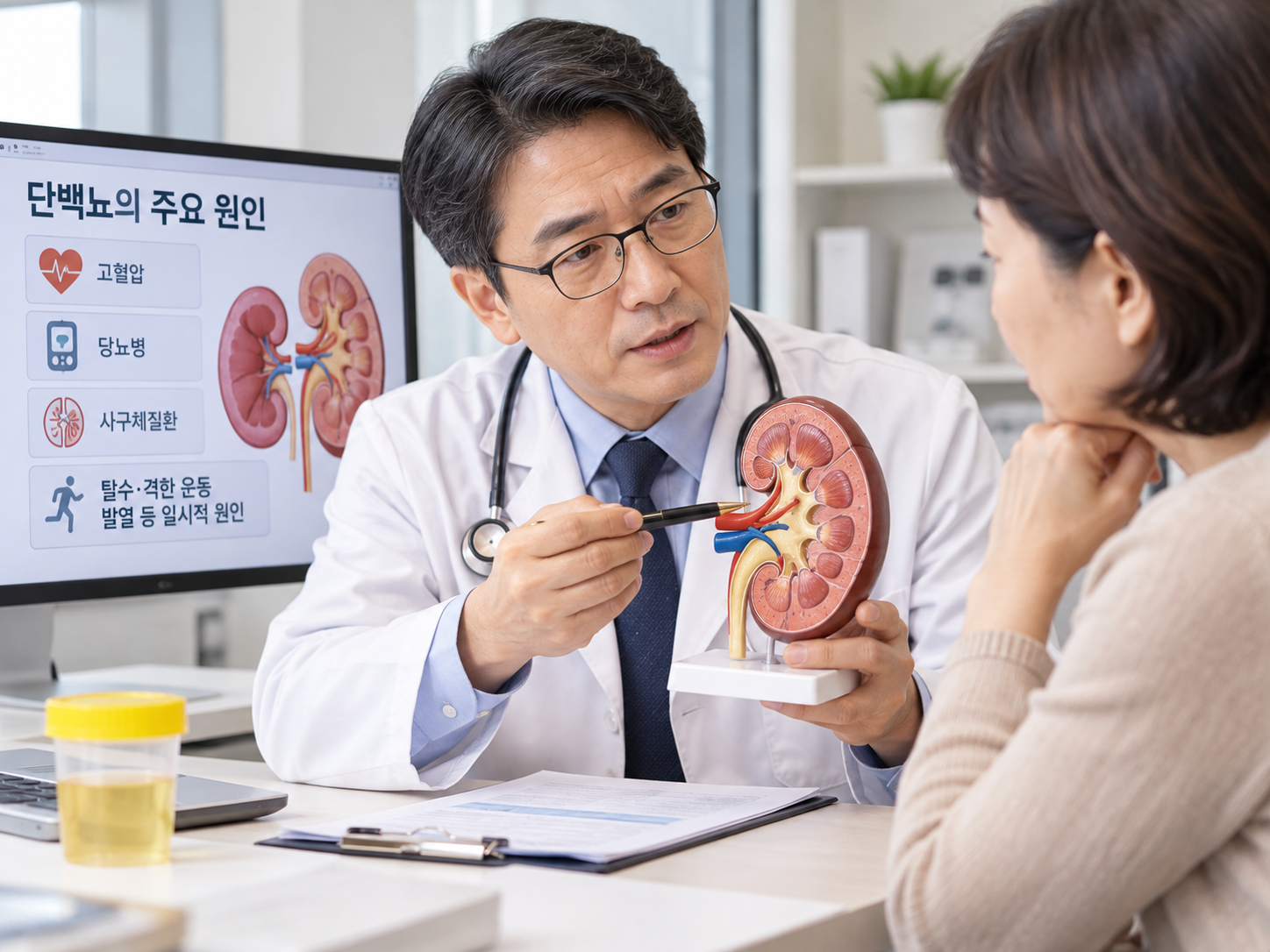의료진이 환자에게 신장 모형을 보여주며 단백뇨 원인을 설명하는 모습
