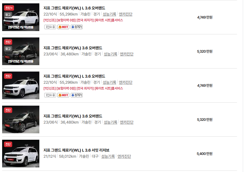 지프 체로키 중고차 가격 시세표 유지비