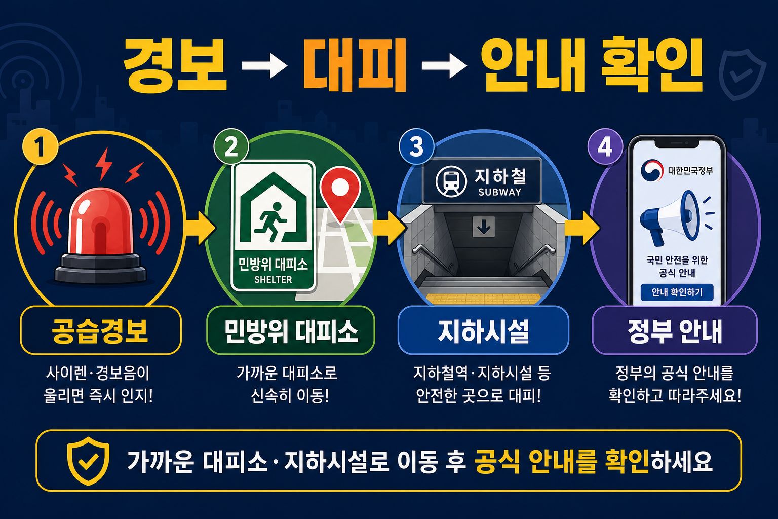공습경보 시 민방위 대피소와 가까운 지하시설로 이동하는 순서