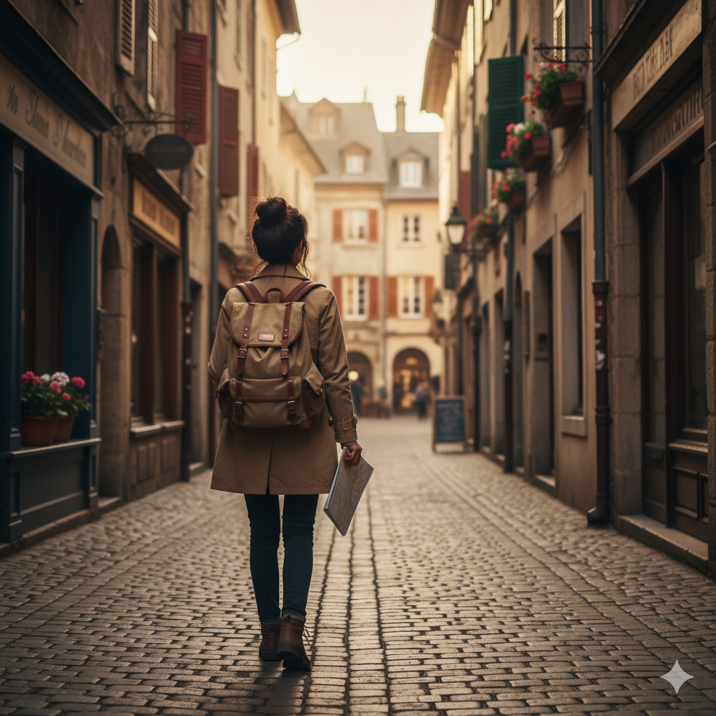 여행 중 낯선 길을 걷고 있는 사람의 뒷모습
