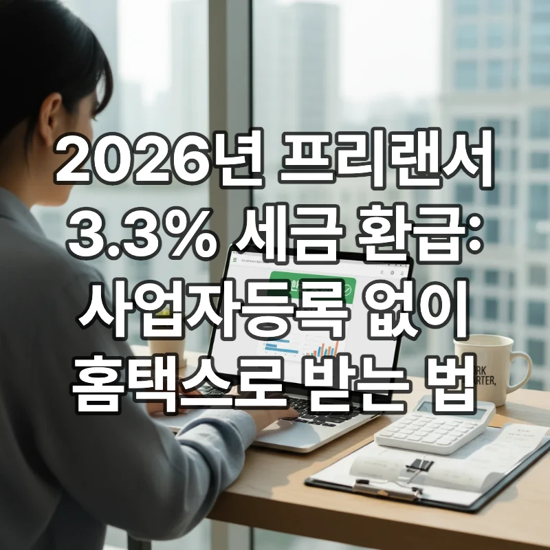 노트북으로 2026년 종합소득세 환급금을 조회하며 미소 짓는 프리랜서의 모습, 책상 위에는 계산기와 영수증이 정리되어 있음.