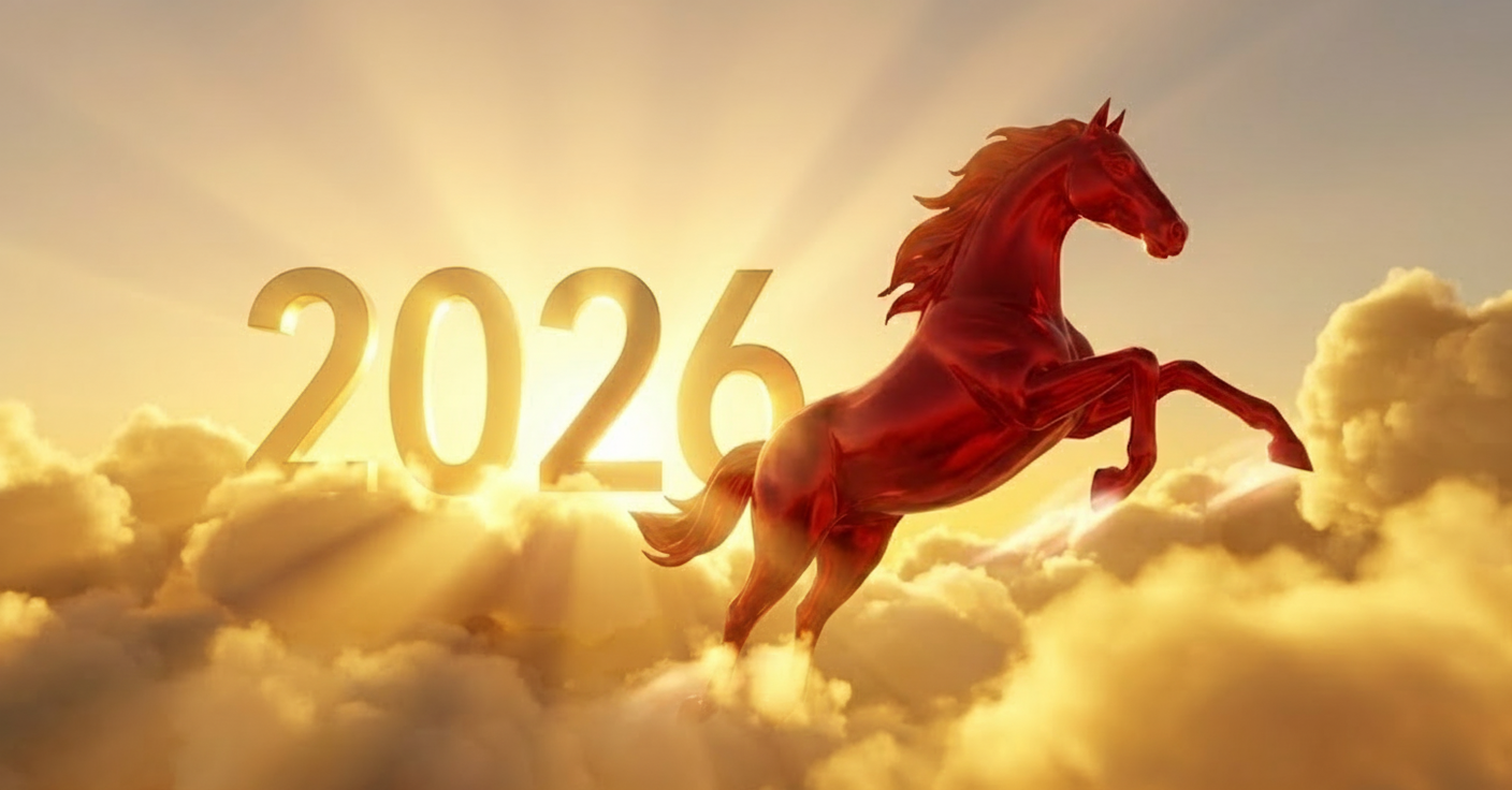 2026년 붉은 말의 해를 상징하는 힘찬 말과 떠오르는 태양 배경