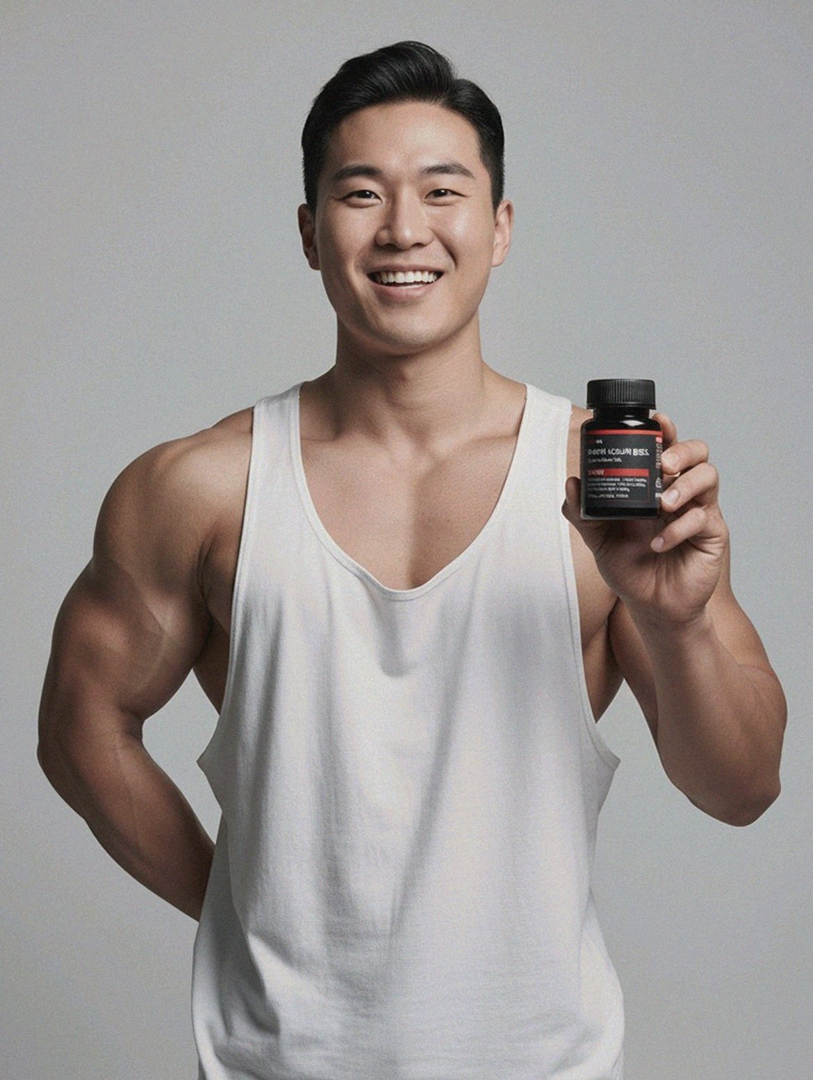 Korean Asian man at home office desk with supplement bottle