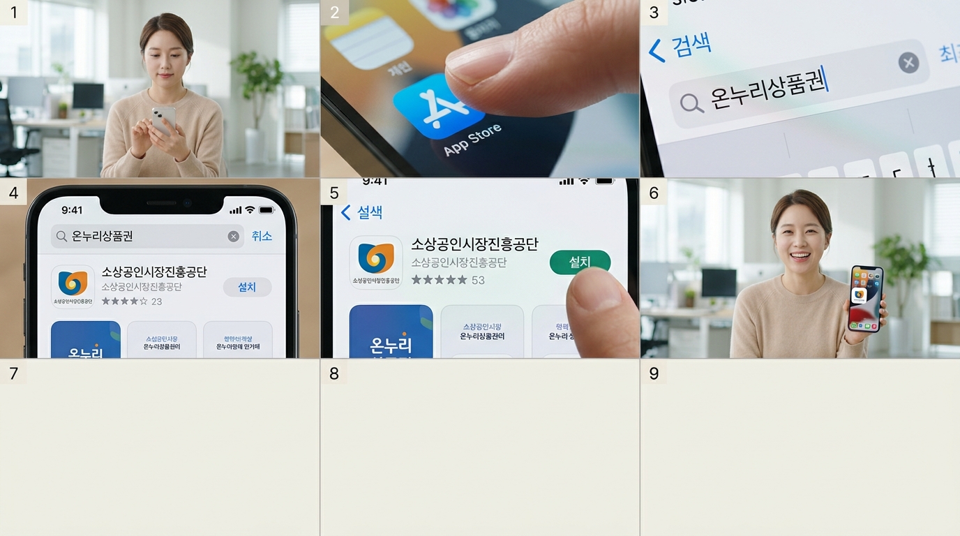 스마트폰 앱스토어 검색창에 온누리상품권을 입력하여 소상공인시장진흥공단 공식 앱을 선택해 설치 단추를 누르는 일련의 과정