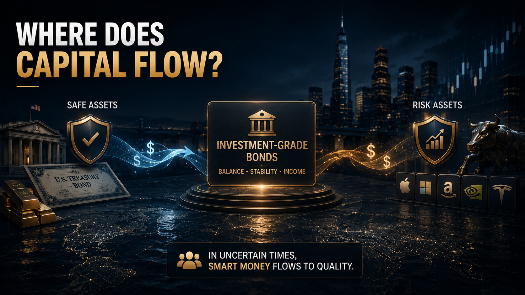Capital flow visualization showing money moving between safe assets and risk assets, centered on investment-grade bonds in a cinematic blue-and-gold financial scene.
