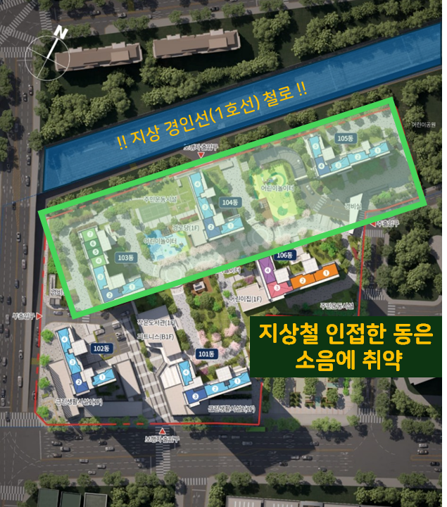 단지 북측 지상 경인선(1호선) 철로 위치와 소음에 직접적인 영향을 받는 103동, 104동, 105동이 강조된 단지 배치도 분석 이미지