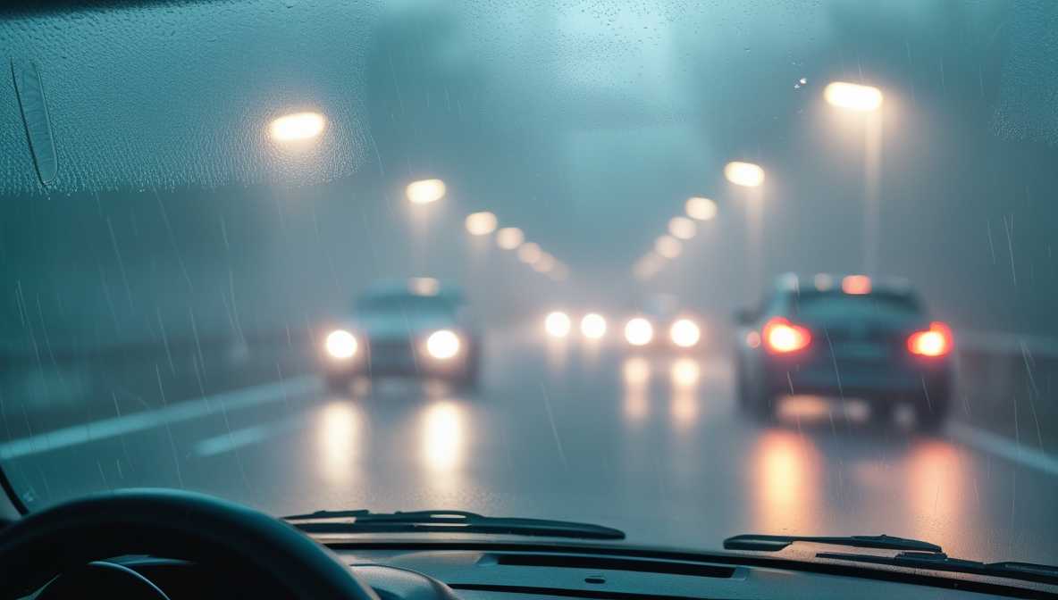 자동차 내부에서 바라본 시점. 앞유리 전체가 뿌옇게 김이 서려 바깥의 자동차 불빛들이 흐릿하게 번져 보이는 위험한 상황을 연출한 사진.