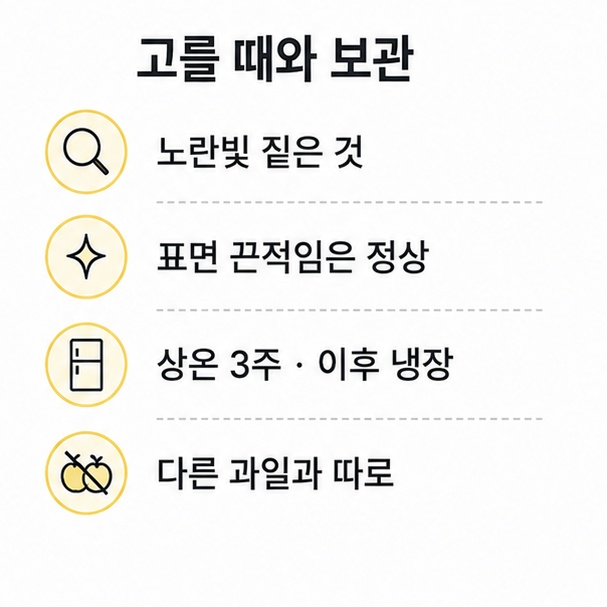 시나노 골드 고르기와 보관법, 노란빛과 표면 끈적임, 냉장 보관과 다른 과일과의 분리를 정리한 목록