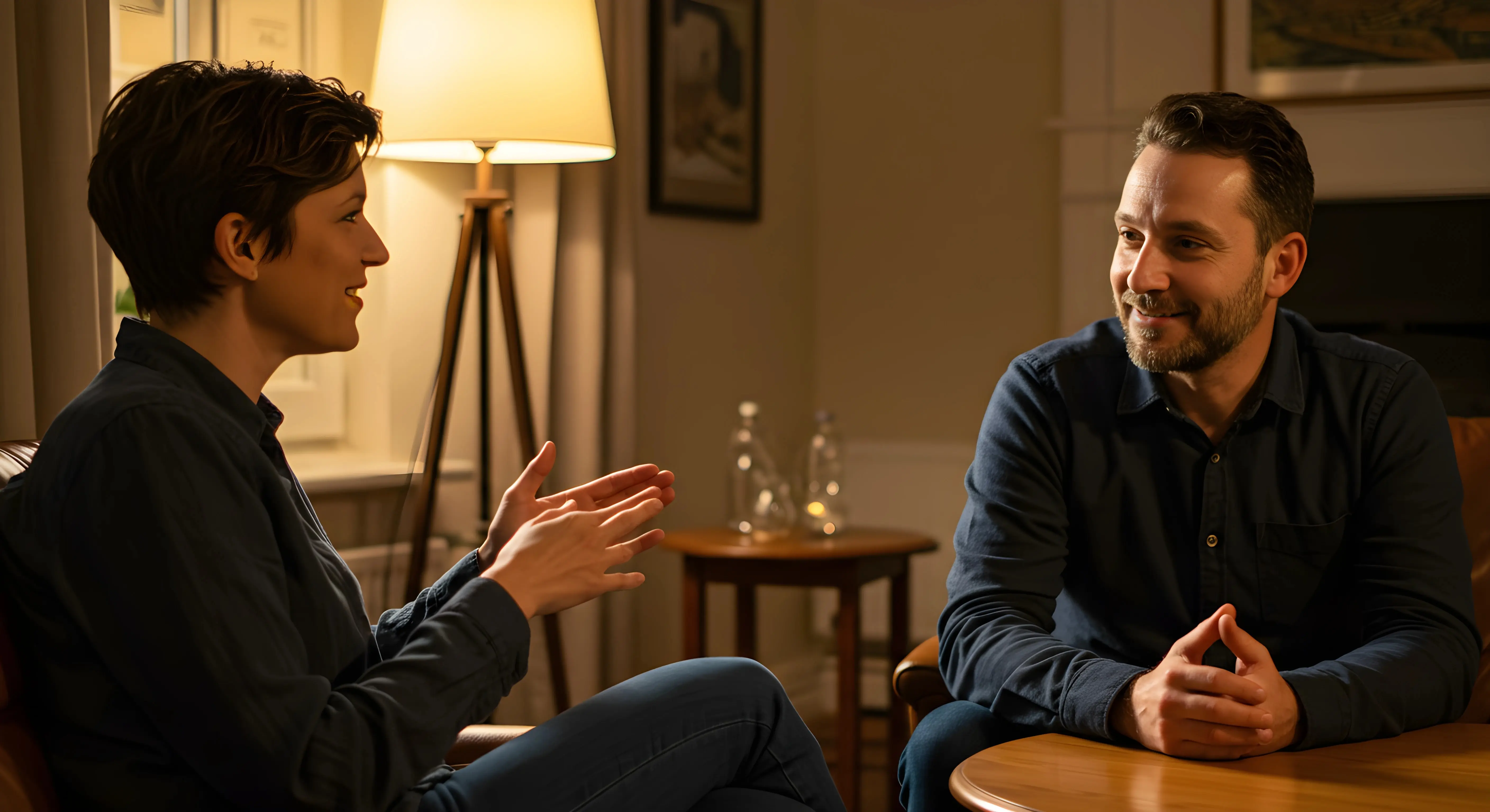 따뜻한 조명이 있는 편안한 공간에서 마주 앉아 대화 중인 두 사람. 한 사람은 손짓하며 이야기하고, 다른 사람은 공감적인 표정으로 경청하고 있다. 진정성 있는 소통이 느껴지는 순간.