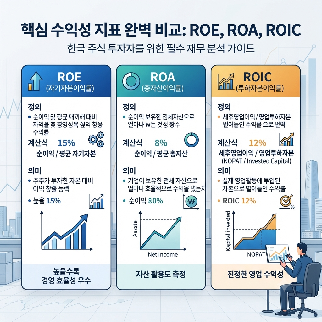 ROE ROA ROIC 차이를 비교하는 기업 수익성 분석 인포그래픽