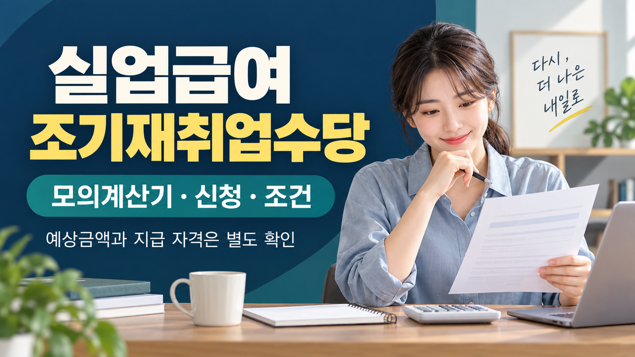 실업급여 조기재취업수당 모의계산기&middot;신청&middot;조건 안내. 예상금액과 지급 자격은 별도 확인합니다.