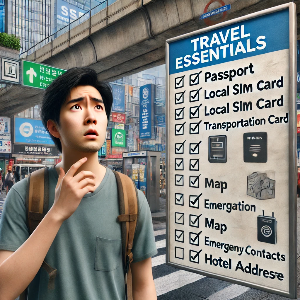 관광객이 당황하는 모습과 이를 방지하기 위한 체크리스트 이미지