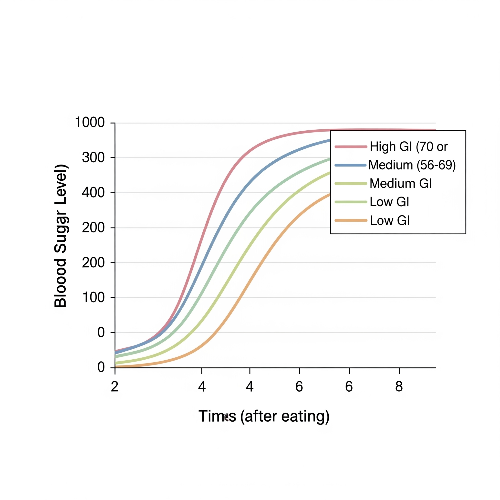 혈당 변화 곡선을 보여주는 단순한 그래프 이미지, GI 수치에 따른 혈당 상승 곡선