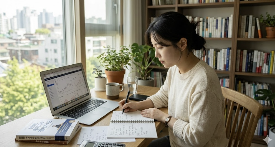 책, 인터넷자료를 이용해 공부하는 여성이미지