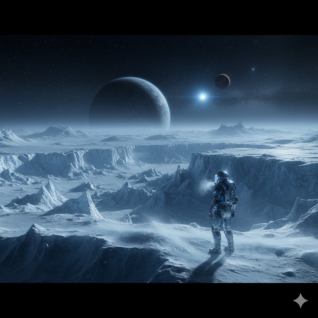 온도가 낮은 행성에 서있는 우주인의 모습 상상도