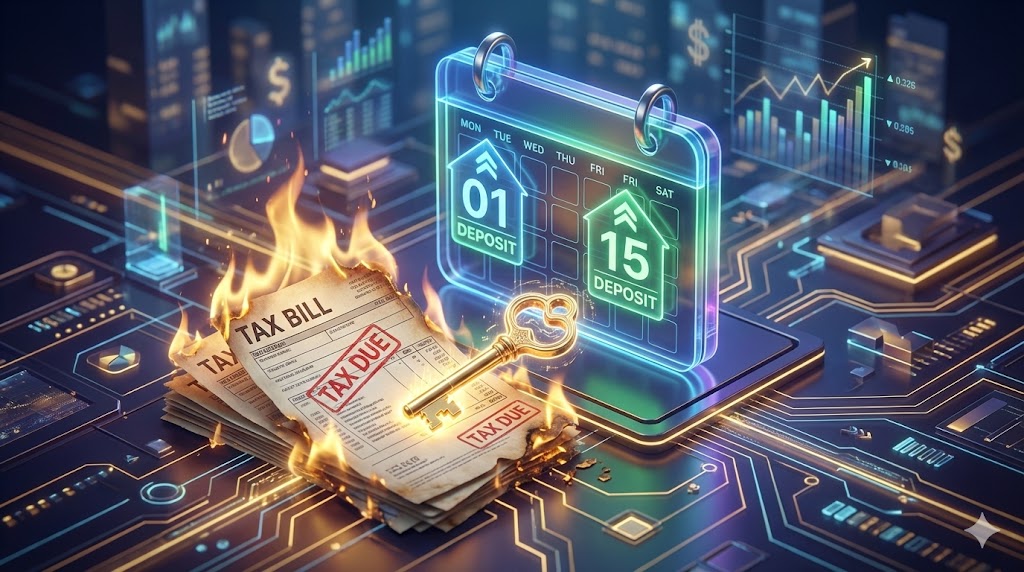 입금 알람이 뜬 달력과 황금 열쇠, 세금 고지서가 타들어 가는 3D 일러스트