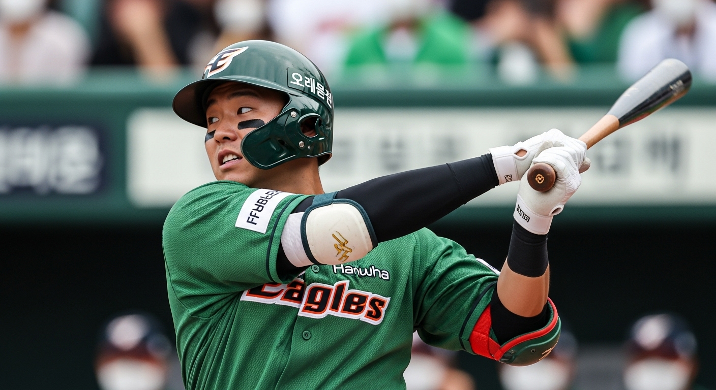 한화 이글스 선수가 초록색과 주황색 유니폼을 입고 방망이를 휘두르며 타격하는 역동적인 모습. 강렬한 집중력과 힘이 느껴진다.