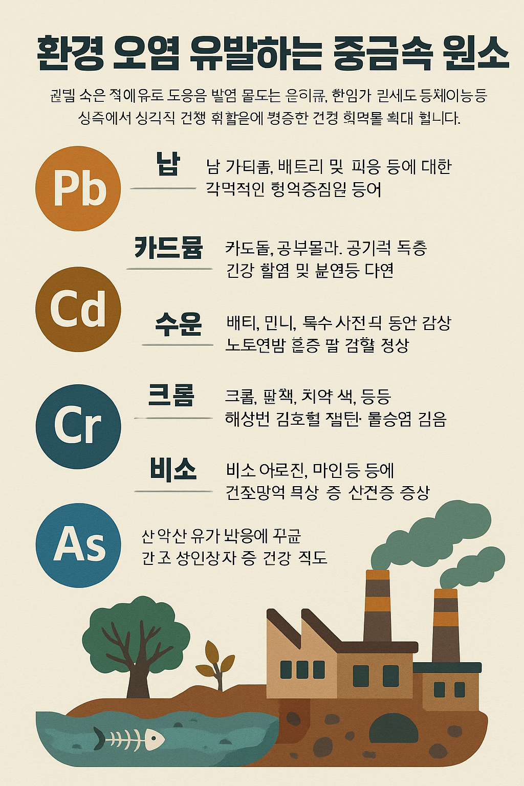 대표적인 중금속 원소들이 어떻게 환경을 오염시키는지, 유입 경로, 건강에 미치는영향