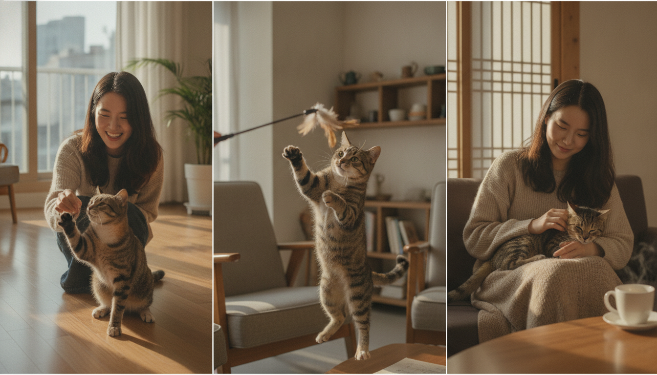주인이 간식을 주고, 고양이가 장난감으로 놀고, 주인이 쓰다듬는 긍정적 강화 훈련 과정을 보여주는 이미지