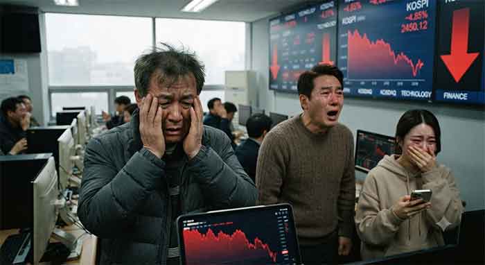 주가 폭락 화면을 보며 절망하는 투자자들
