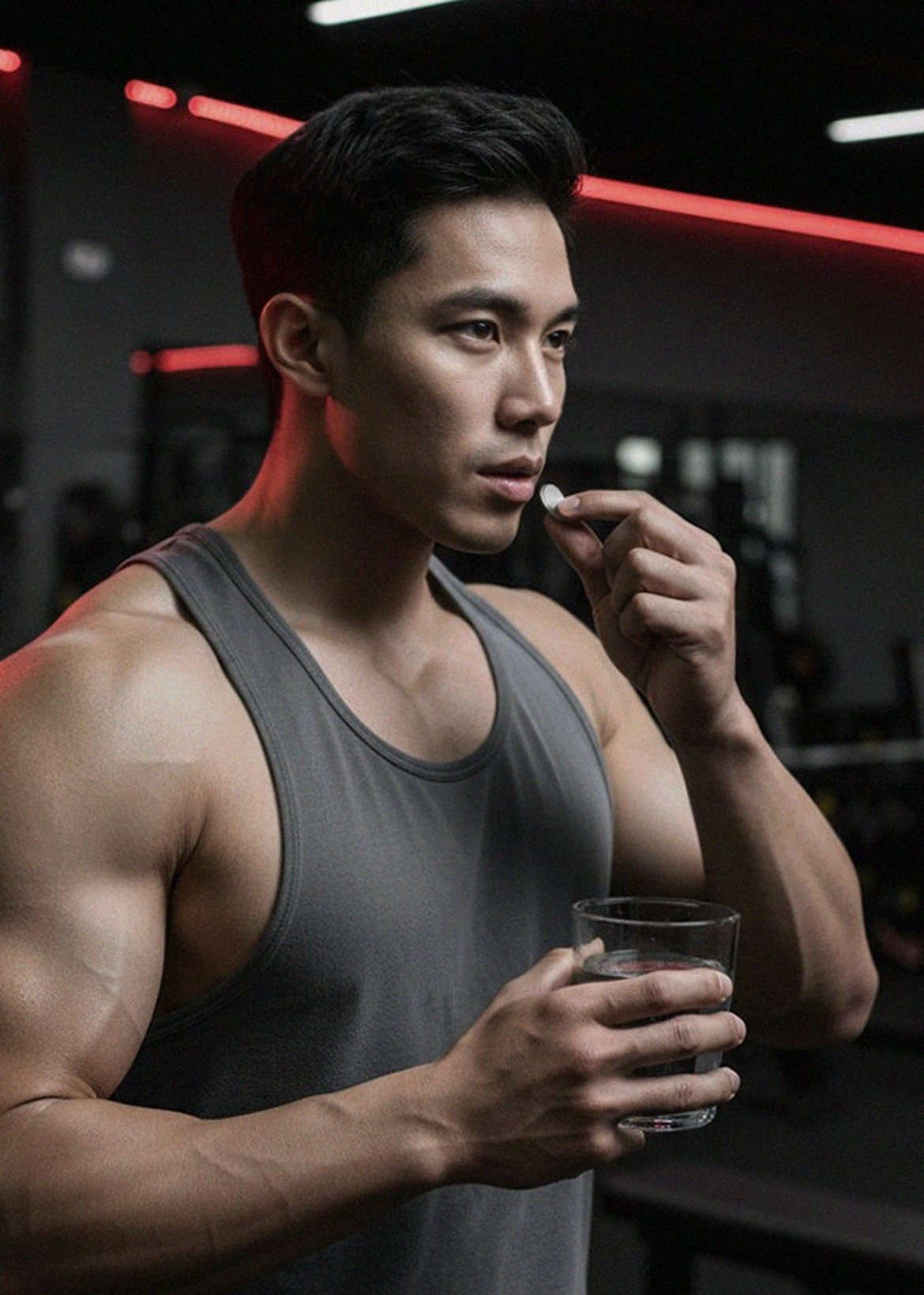 Korean Asian man taking supplement with water in evening at home