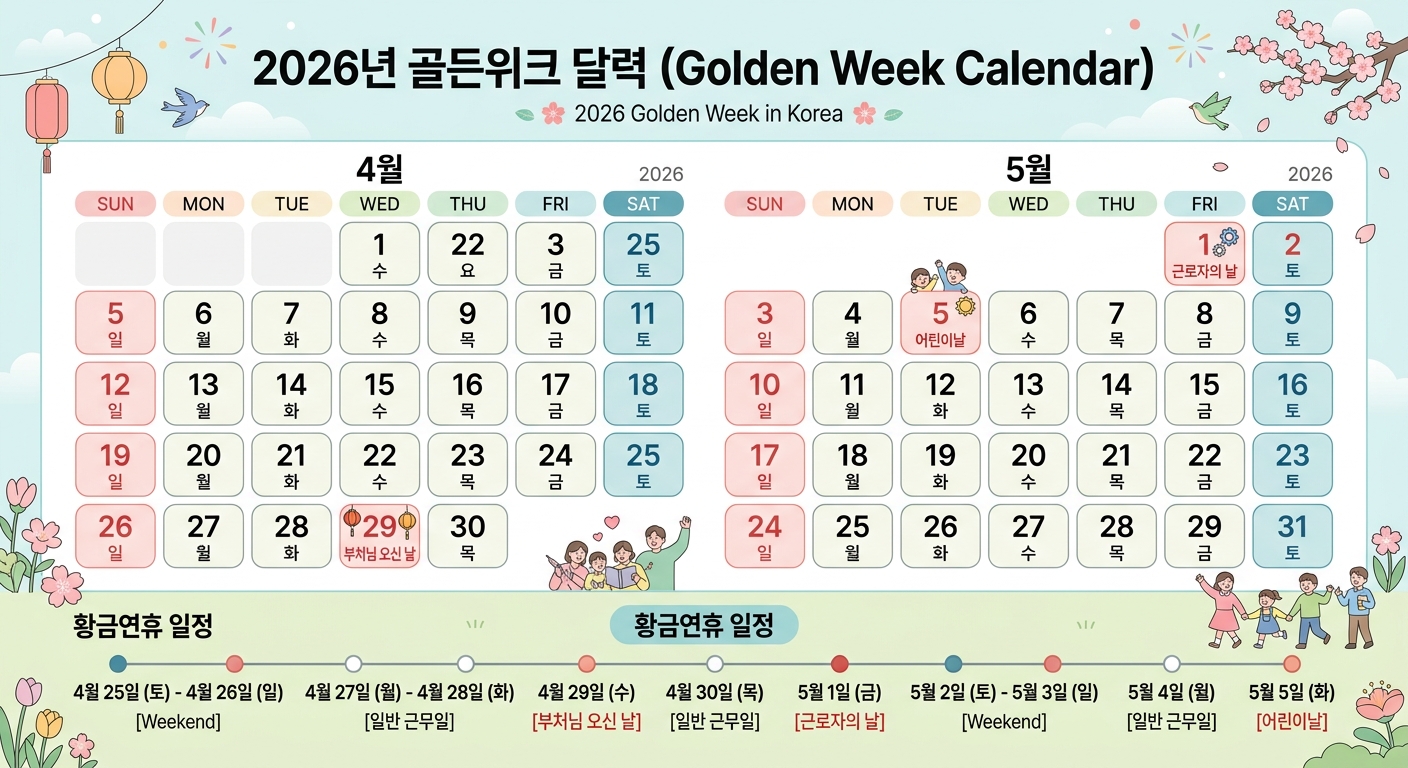 2026년 4월 29일부터 5월 6일까지, 최장 8일간의 일본 골든위크 일정입니다.