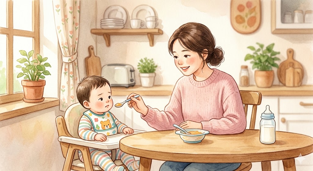 A smiling mother patiently feeding a hesitant baby with a spoon at a bright dining table, with a formula bottle placed nearby during the weaning transition.