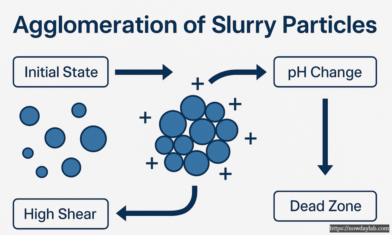 CMP slurry agglomeration mechanism showing initial dispersed particles, high shear effect, pH change, and particle clustering in dead zone conditions