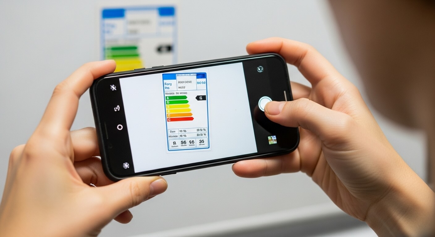 스마트폰으로 에너지효율등급 라벨을 촬영하는 장면