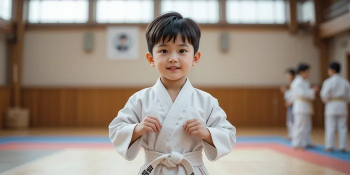 도장에서 흰띠를 매고 있는 아이 모습