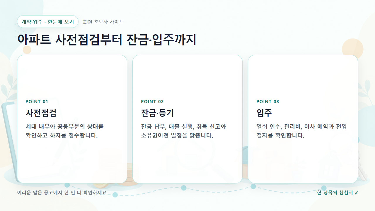 아파트 사전점검부터 잔금·입주까지 핵심을 세 칸으로 정리한 한눈에 보기