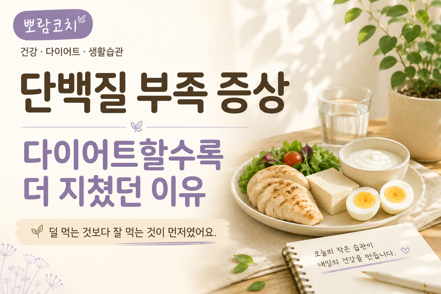 햇살이 비치는 원목 식탁 위에 삶은 달걀, 두부, 그릭요거트와 신선한 채소가 놓여 있는 건강한 단백질 식단 이미지