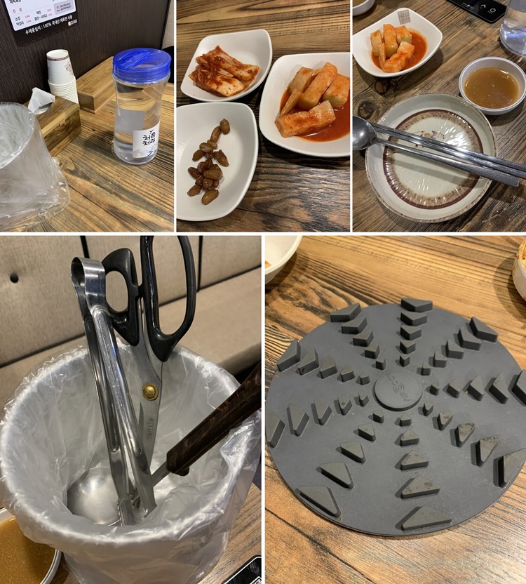 기본 세팅 물, 컵, 깍두기, 김치, 땅콩조림, 앞접시, 간장 소스