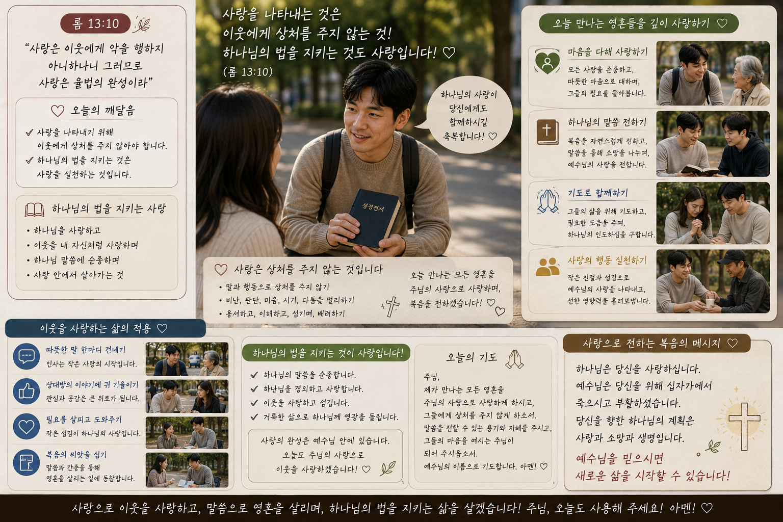 롬 13:10 말씀에서 사랑을 나타내기 위해 이웃에게 상처를 주지 않아야 하며&amp;#44; 하나님의 법을 지키는 것도 사랑임을 생각할 때 오늘 만나는 영혼들을 깊이 사랑하며&amp;#44; 그들에게 하나님의 말씀을 전하려는 시도를 하는 모습입니다.
