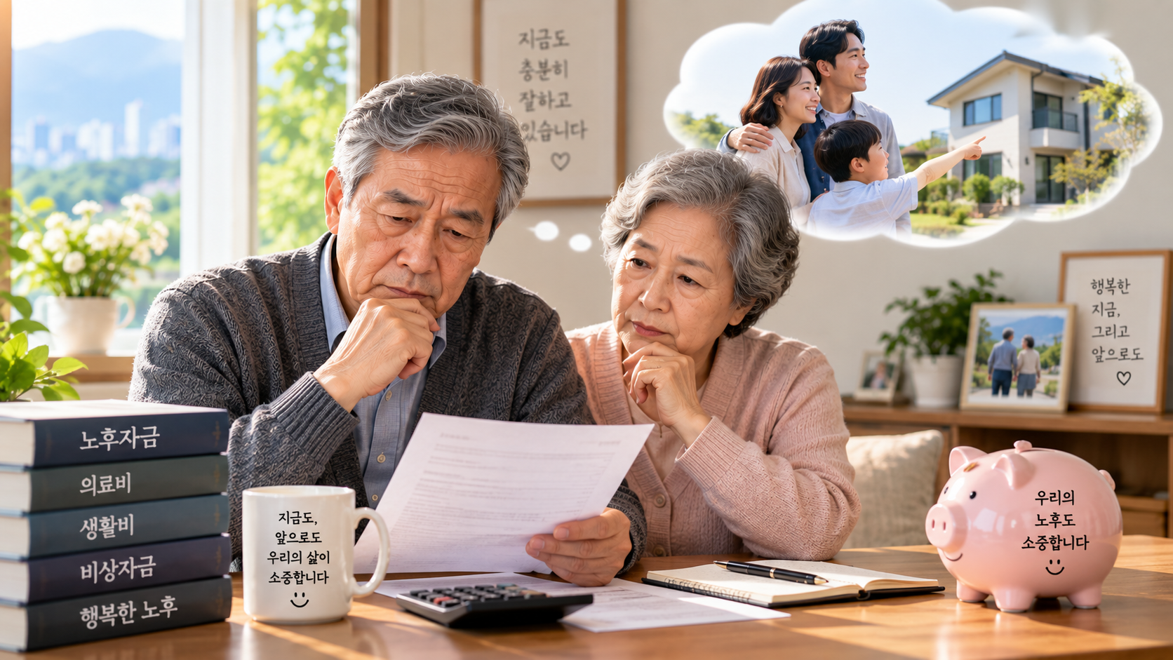 자녀 지원과 자신의 노후자금 사이에서 신중하게 고민하는 70대 부모