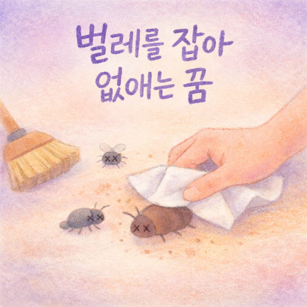 부드러운 파스텔 톤으로 벌레를 정리하는 장면, X 표시 눈으로 혐오감 줄인 꿈해몽 썸네일