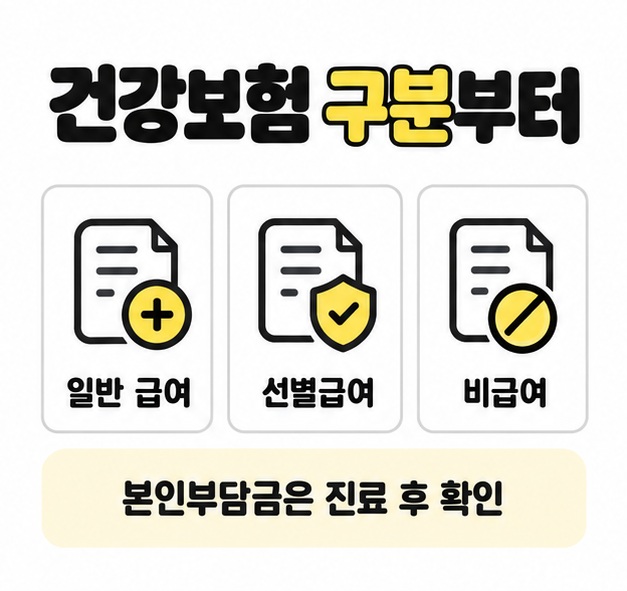문서와 방패 등의 그림으로 일반 급여, 선별급여, 비급여를 구분하고 본인부담금은 진료 후 확인하도록 설명한 그림