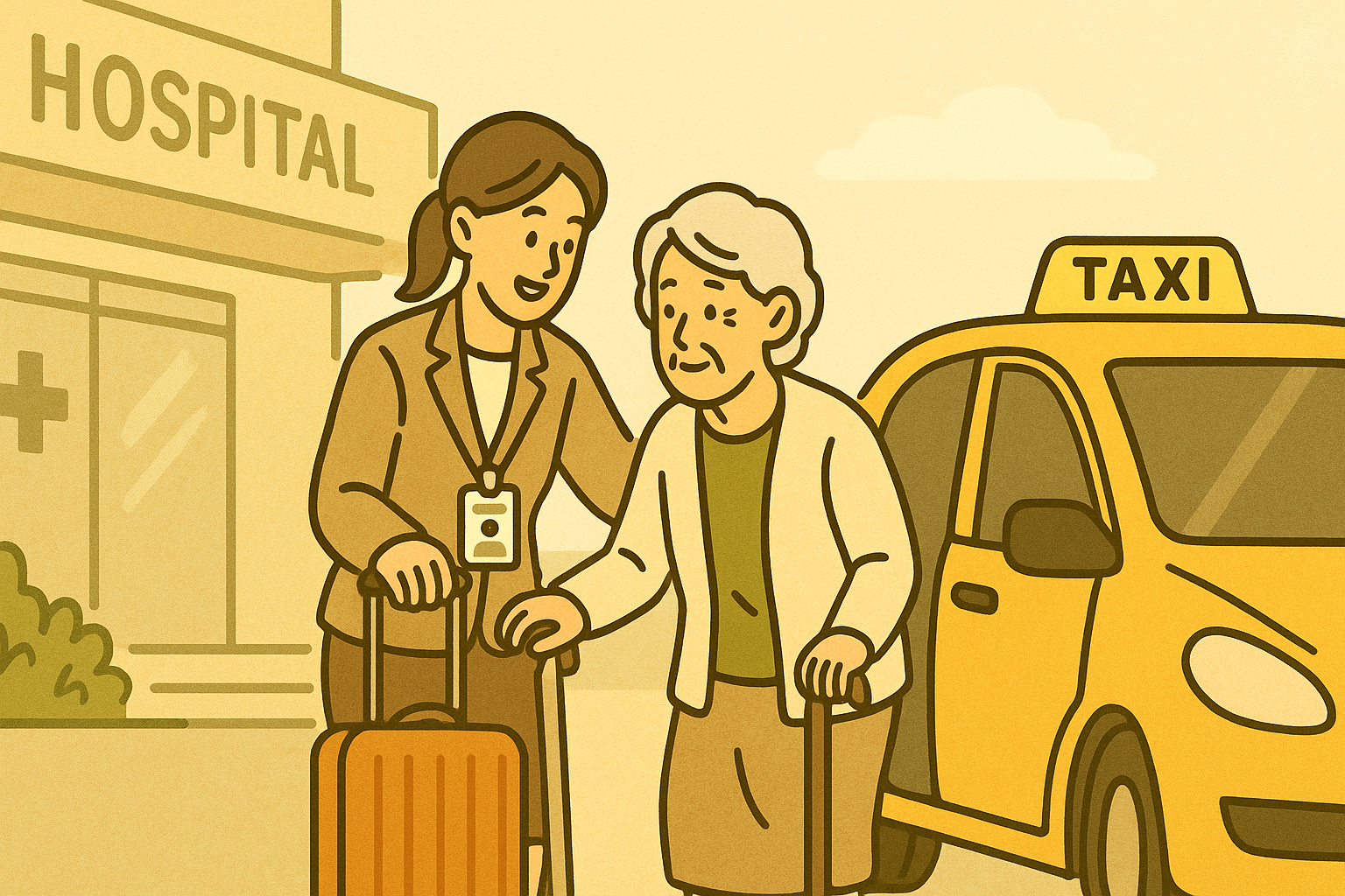 병원 앞에서 어르신을 도와주는 병원동행매니저