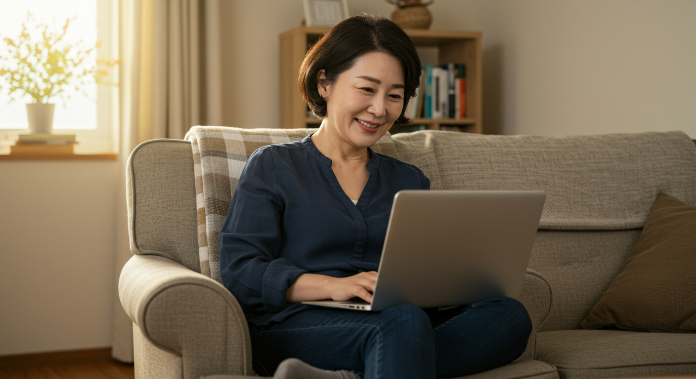 이메일 답장을 읽으며 미소 짓는 여성