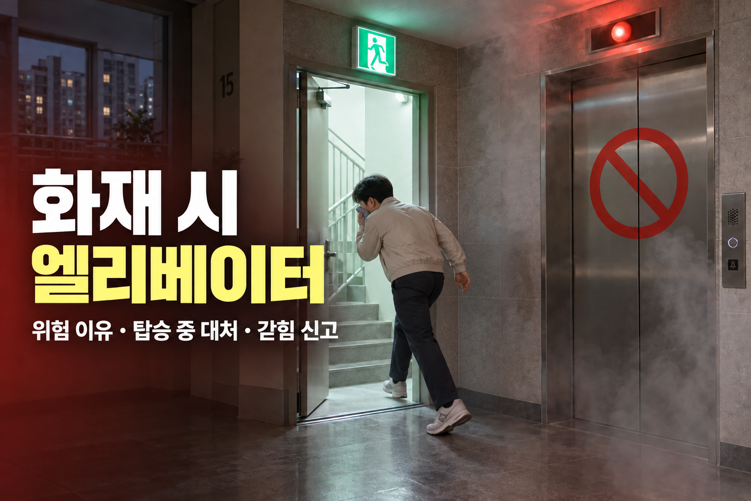 화재 시 엘리베이터를 피해 비상계단으로 대피하는 모습
