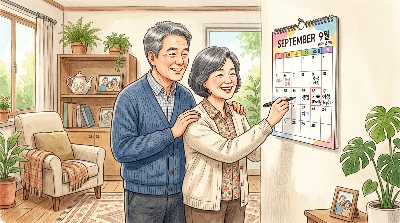 금요일 아침 거실에서 달력을 보며 편안하게 웃는 50대 부부
