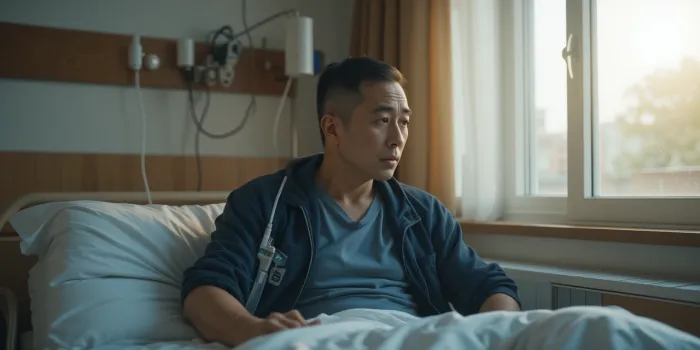 병실에서 췌장암 3기 진단을 받은 후 창밖을 바라보는 남성의 모습
