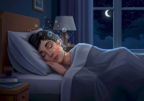  깊은 밤 편안하게 잠든 모습과 주변에 피부 재생을 상징하는 빛나는 입자들이 묘사된 젠틀 디지털 일러스트레이션