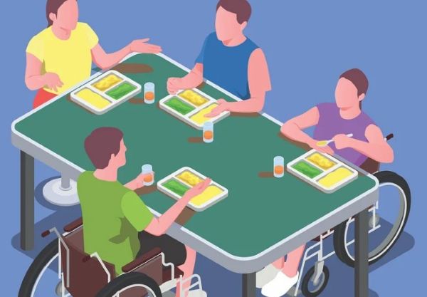 함께 살아가는 복지사회, 장애인과 비장애인이 나란히 식탁에 앉는 장면