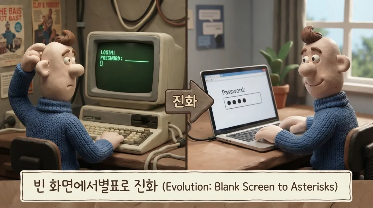 1970년대 빈 화면 단말기에서 별표(&bull;) 점으로 진화한 비밀번호 마스킹 역사를 클레이 캐릭터로 표현한 디오라마 이미지