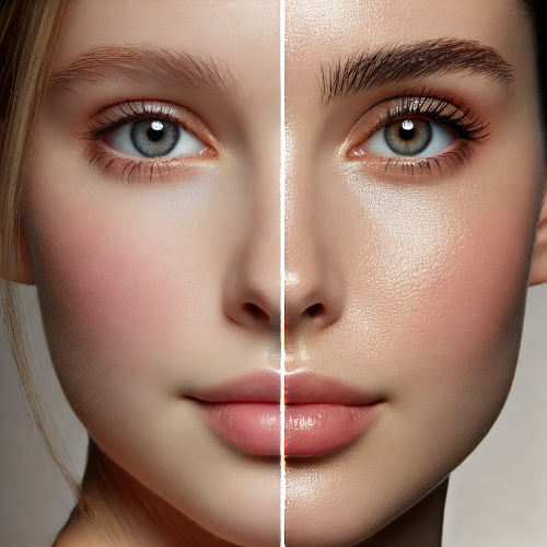 맑고 투명한 피부를 가진 20대와 30대 여성의 얼굴 클로즈업 (반쪽씩 비교)